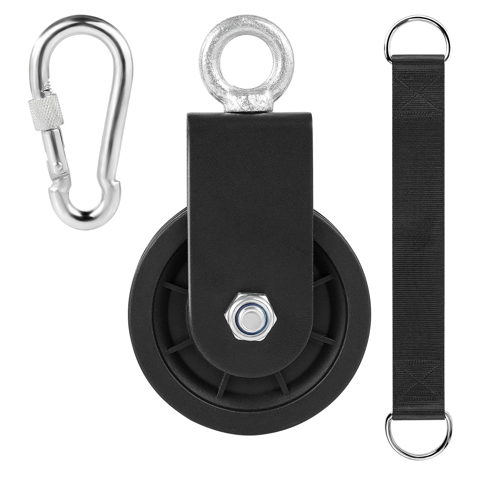 Photo 1 of 3.54 in Cable Pulley 360 Rotation Traction Wheel with Carabiner and Strap,Silence Smooth Detachable for DIY Gym Pulley System,DIY Gym Attachment Lifting Blocks,Ladder Lift,Hoists,Clothesline