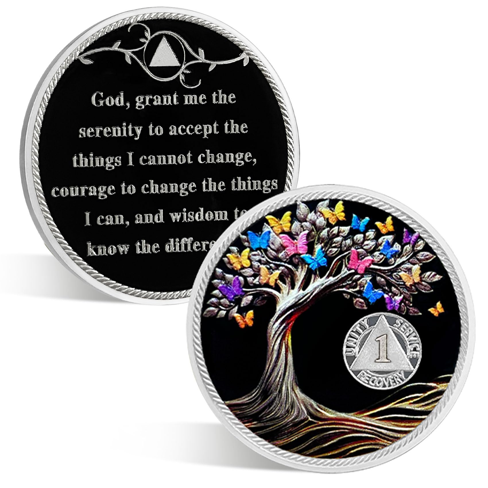 ACGZQY 1 Month Sobriety Chip - Recovery AA Coin and Medallion Butterfly Tree of Life Sobriety Coin AA NA Sober Anniversary Token Sobriety Gifts Alcoholics Anonymous Recovery for Men Women