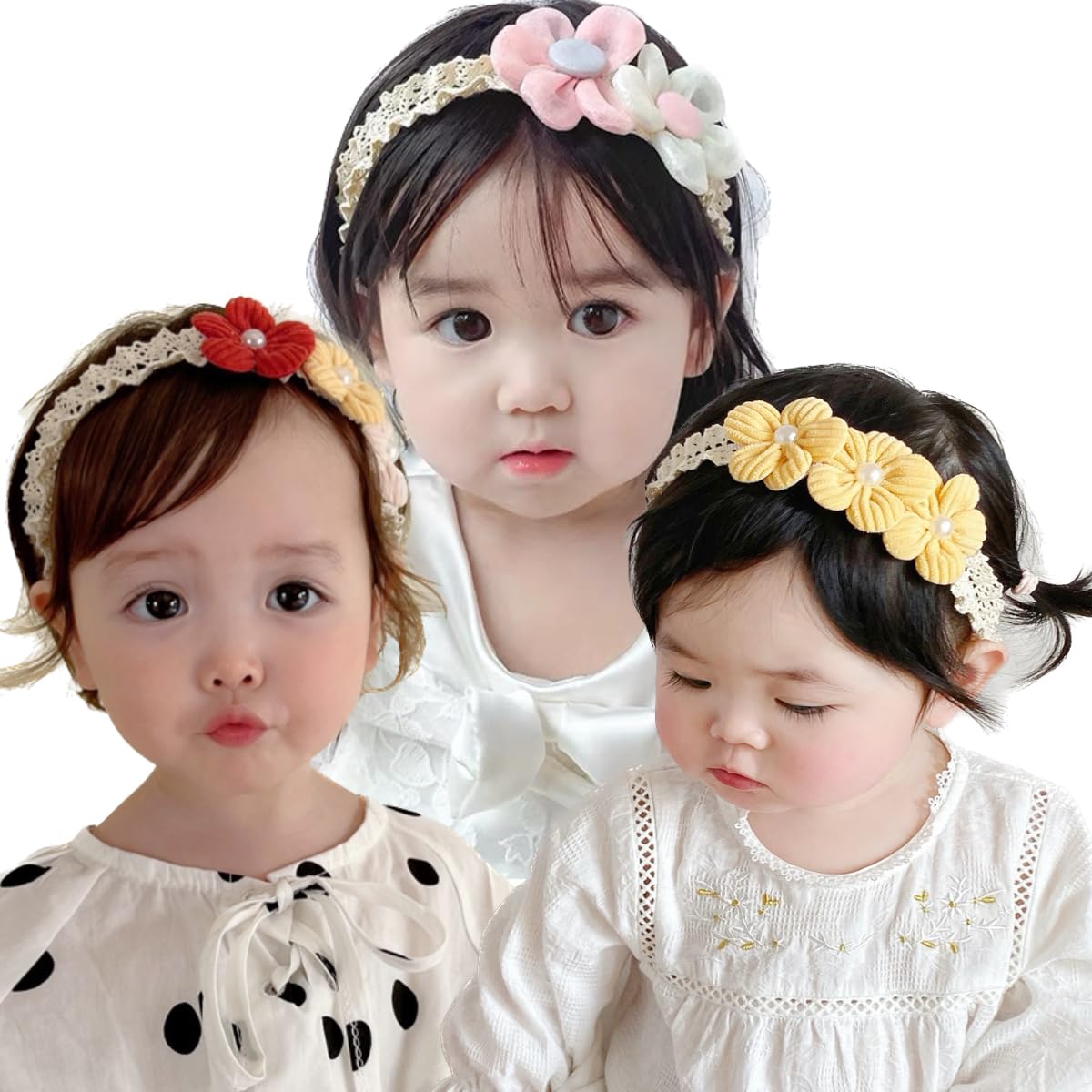 Vtesey ベビー ヘアバンド 3セット 赤ちゃん ヘアアクセサリー 子供用髪飾り 女の子 レースバンド ヘッドドレス かわいい お祝い 記念日 誕生日 記念撮影