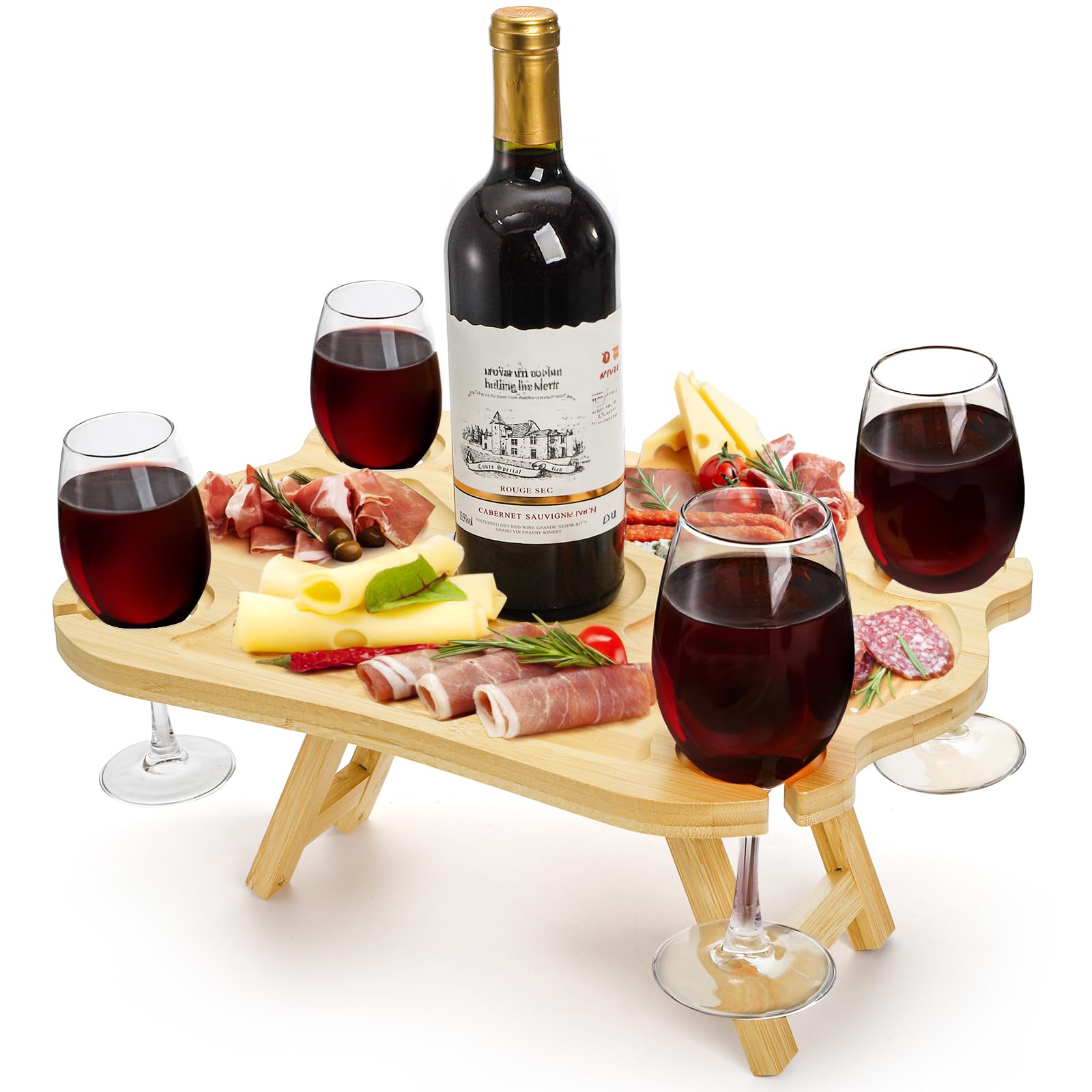 Photo 1 of Yesland Portable Picnic Table, Foldable Champagne Picnic Snack Tray, Collapsible Wooden Outdoor Camping Table with Wine Glasses Holder for Park, Beach, Bed, Road Trip, Wine Lover Gift