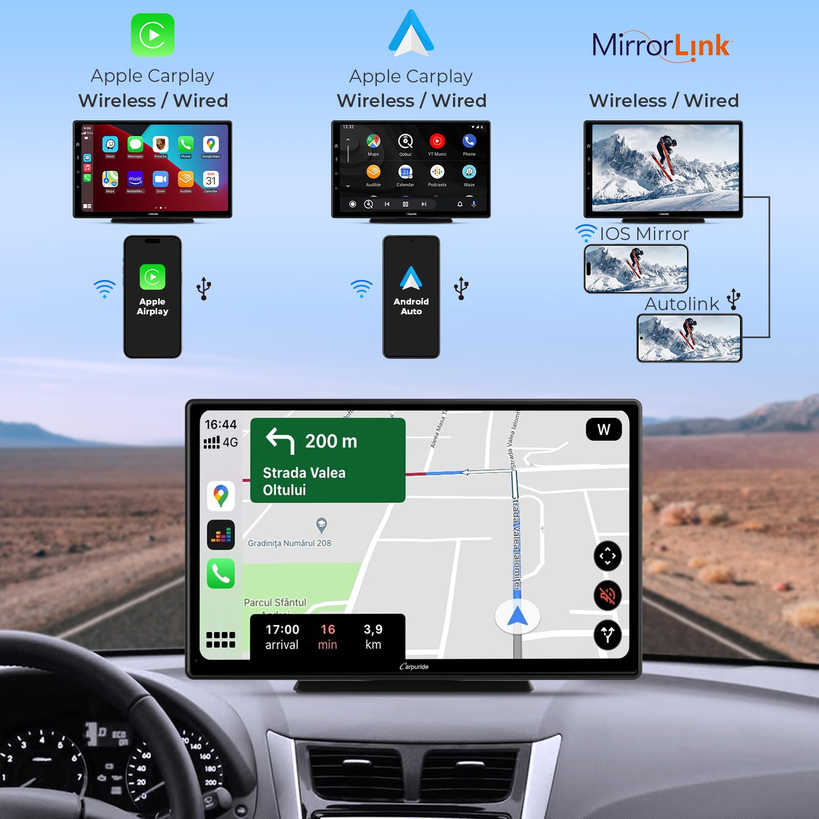 Carpuride Portable Wireless CarPlay Screen for Car- 9 Inch Car Play Screen Compatible with Android Auto and Apple CarPlay - Multimedia Player, Bluetooth, Navigation Screen for All Vehicles