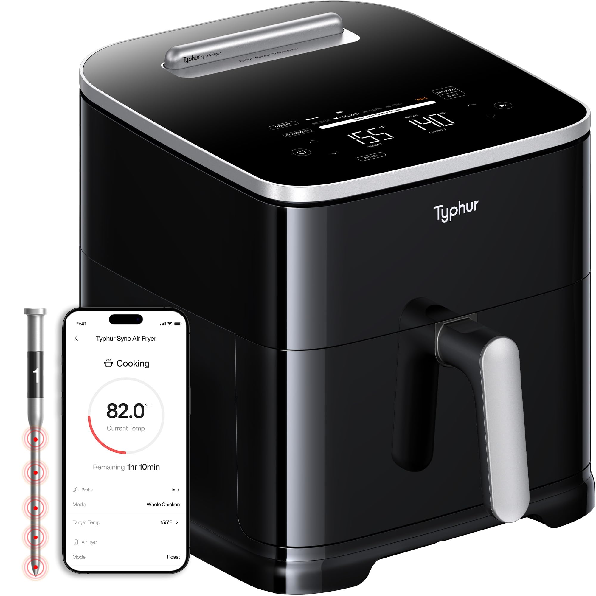 Typhur Sync 8QT AI Smart Air Fryer with Built-in Wireless Meat Thermometer, 9-in-1 XL Non Toxic Ceramic Airfryer, 450°F Max, Cooks 6lb Whole Chicken, Quiet & Dishwasher Safe, 120V