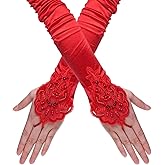PENTA ANGEL 1920s Red Long Opera Gloves with Finger Loops Stretchy Fingerless Floral Embroidery Sequins Satin Evening Bridal Party Elbow Gloves for Women Theme Party Halloween Costume