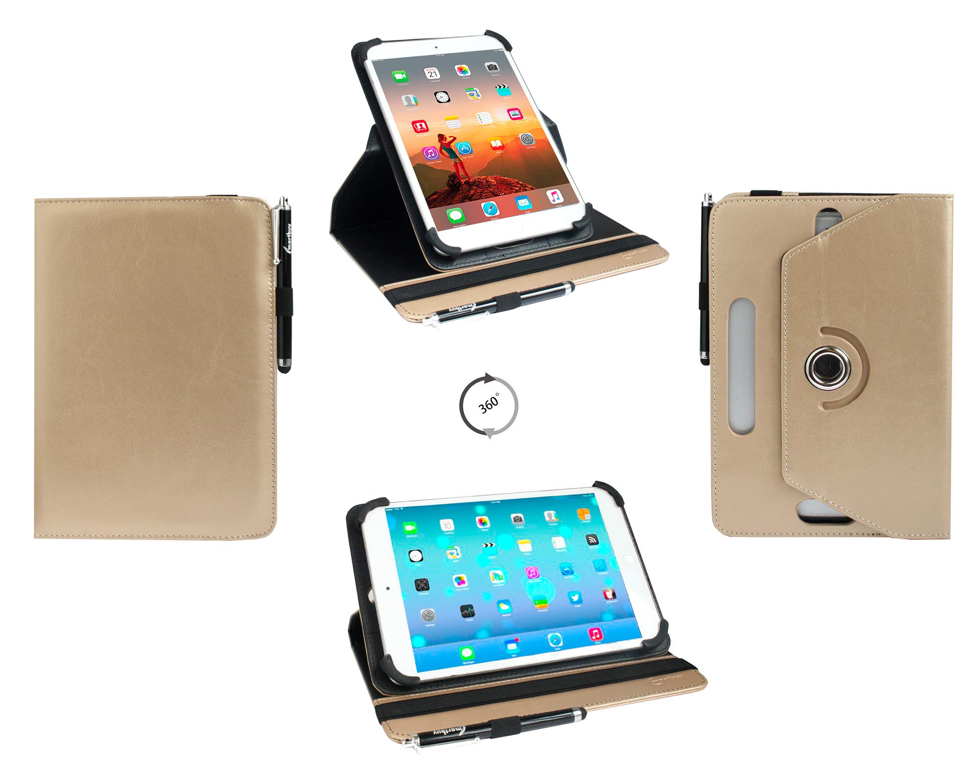 Emartbuy Universal 7 Inch - 8.8 Inch Metallic Gold 360 Degree Rotating Stand Folio Wallet Case Cover Black Elastic Strap and Stylus Pen Compatible With Selected Devices Listed Below