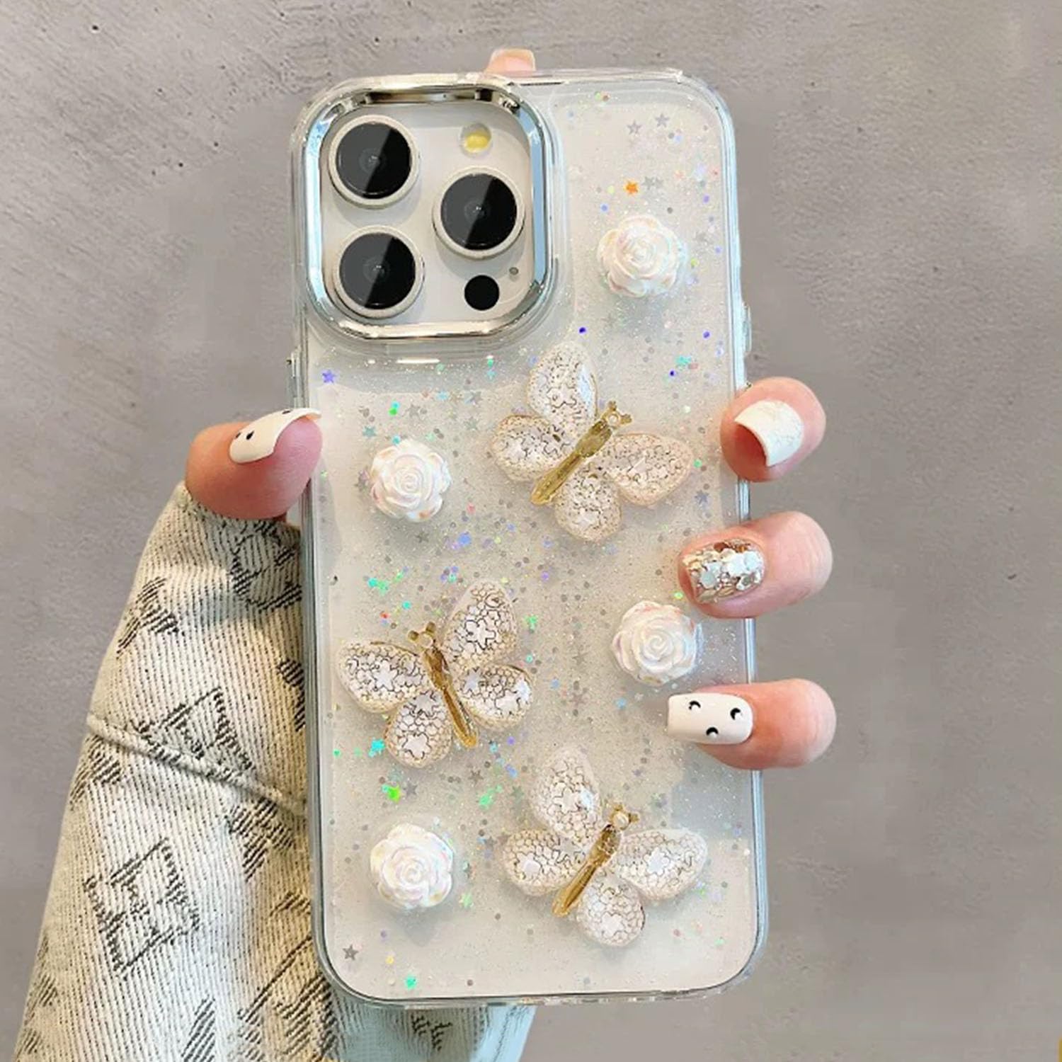 UEEBAI Sparkly Glitter Bling Case for iPhone 13 Pro Max, 3D Clear Aesthetic Cute Butterfly TPU Phone Flower Case, Slim Non-Yellowing Shockproof Protective Cover for Women Girls, White
