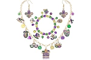 ARATLENCH Mardi Gras Necklace Earrings Bracelet Fleur De Lis Crown Mask Charms Necklace Stretch MARDI GRAS Purple Green Gold Beaded Bracelet Fleur De Lis Dangle Earrings Carnival Parade Party Jewelry Set