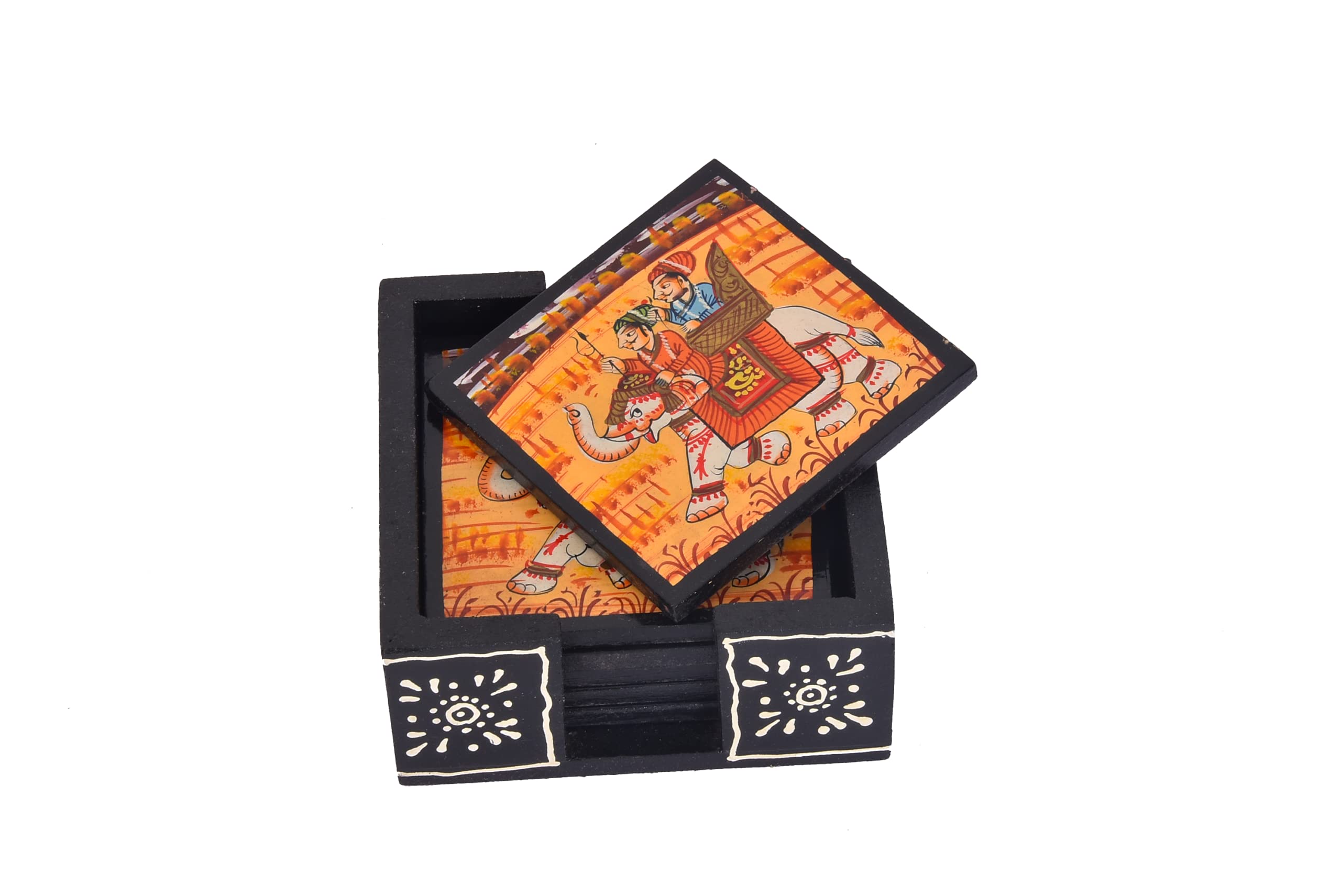 Handmade Coaster Set of 6 Decorative Holder Tabletop Coasters for Tea Coffee Cups Mugs Beer Cans and Gifting (Wooden Elephant Safari)