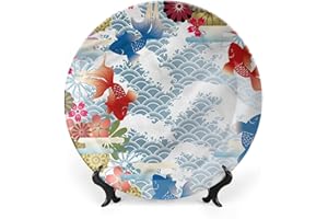 LIGUTARS Ceramic Display Plate, Asian Ceramic Hanging Decorative Plate, Traditional Japanese Koi Fish, 10 Inch, Living Room Kitchen Decoration Household, Multicolor
