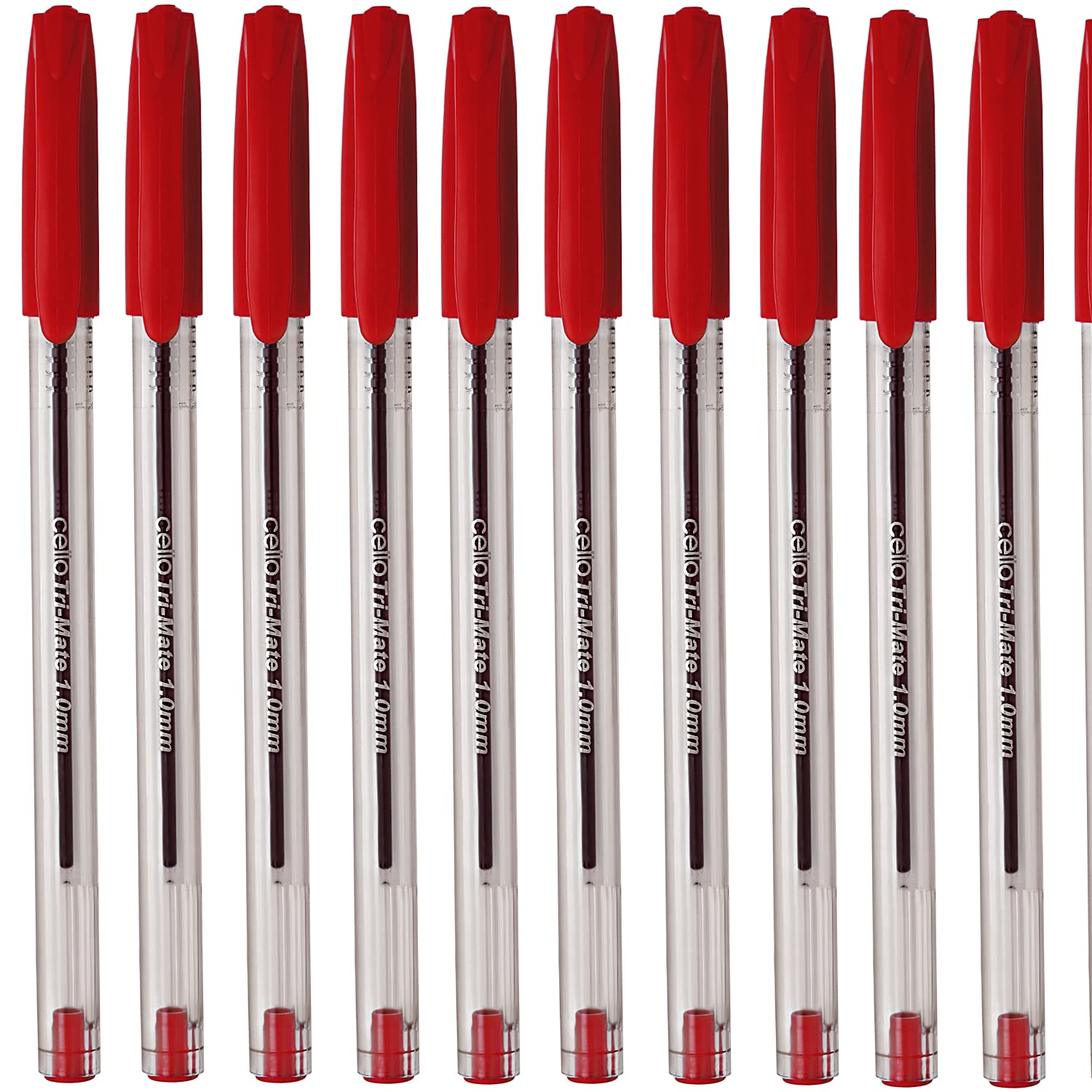 Cello Black Ballpoint Pens, Tri-Mate Medium Point Biros Multipack Pens | 1.0mm Ball Point Black Ink Pens for Writing | Ballpoint Pens Ideal for Stationery Supplies (Red, Pack of 100)