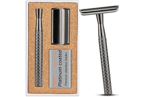 THURLADY Safety Razor for Men, Travel Essentials Single Blade Razors for Men, with 5 Platinum Coated Double Edge Safety Razor Blades, Reusable Metal Razor for Classic Wet Shaving, Gun Black