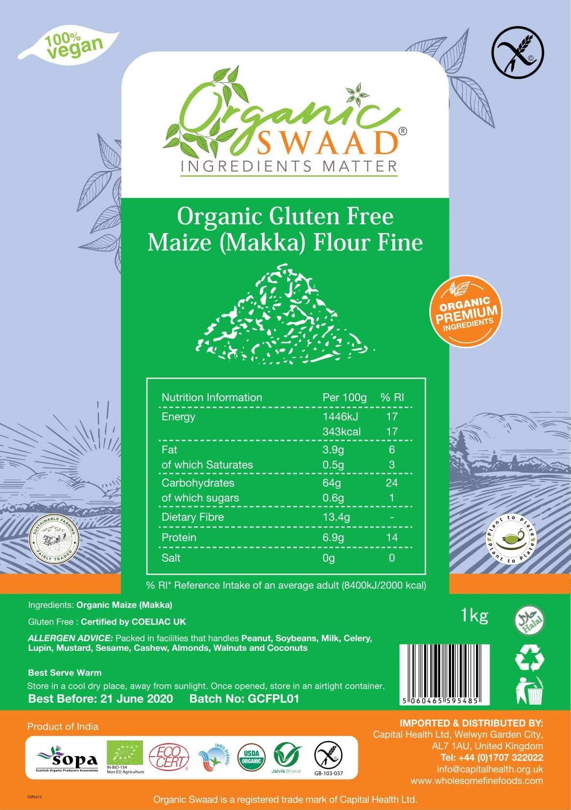 Organic Gluten Free Maize (Makaie ka Atta) Flour Fine 1kg by Organic Swaad. Certified to EU, USDA & India Organic Standards
