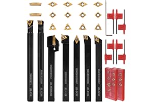 YOSHIN 21 PCS Kit,Indexable Lathe Turning Tool,3/8" 10mm Shank,7Pcs Metal Lathe Cutting Holder with 14Pcs Carbide Turning Inserts,Carbide Lathe Turning Tools for Turning Grooving Threading Boring