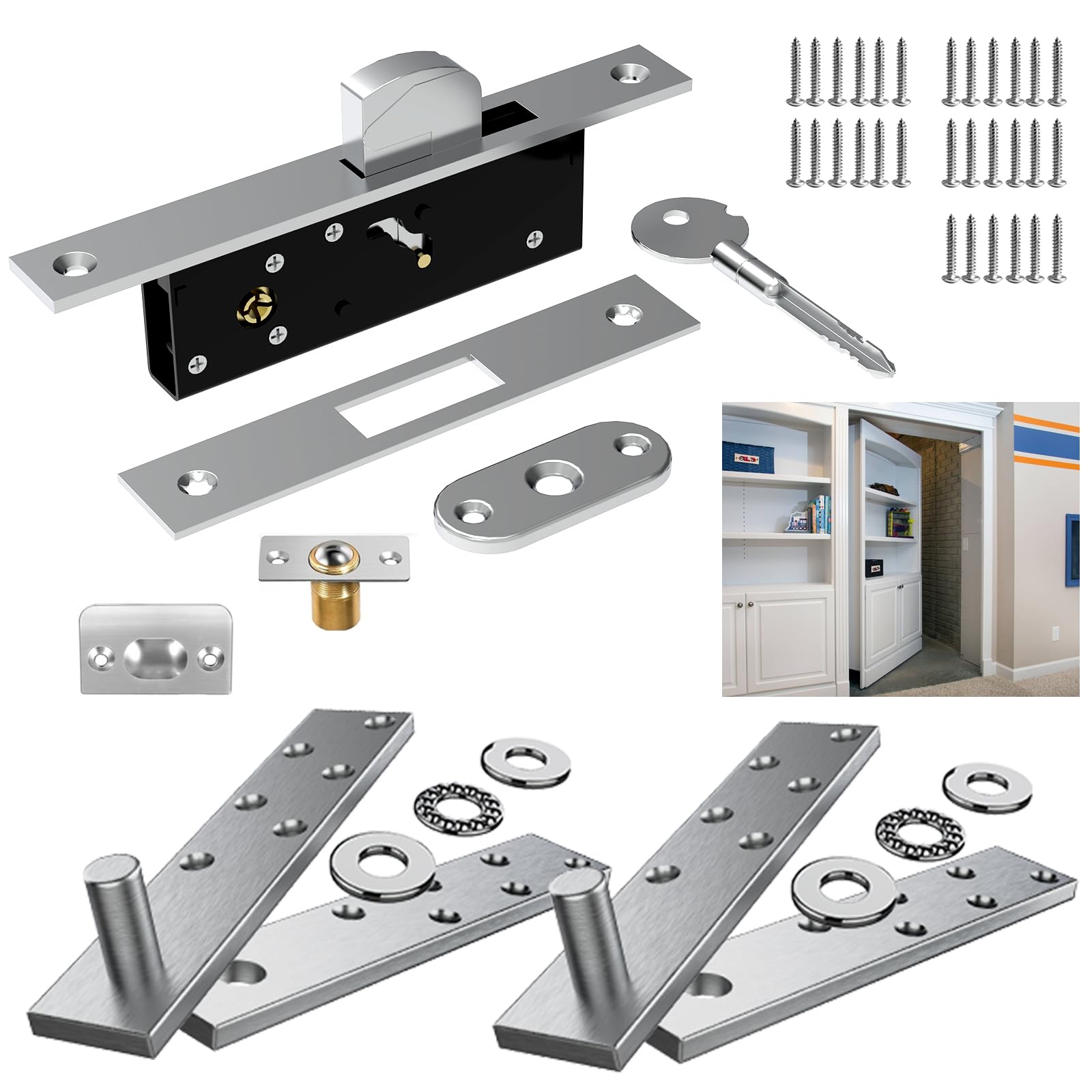 Photo 1 of Pisman Door Pivot Hinges, Hidden Door Hinge and Heavy Duty Door Hinge with Hidden Door Lock for Wood Secret Door, Hidden Door Bookcase, Secret Door Silver (Advanced Lock Style, Large)