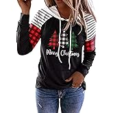 Merry Christmas Buffalo Plaid Tree Striped Hoodie Women Christmas Tree Graphic Printed Sweatshirt Xmas Pullover Shirts