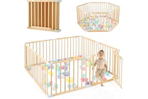 OMYBABY Wooden Baby Playpen with Door, Changeable & Expandable Baby Play Fence for Toddlers, Large Wood Playpen Safety Baby Gate Playard, Safe Play Area Kids Activity Center Indoor Outdoor(26" Tall, 8-Panel)