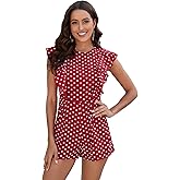 WDIRARA Women's Polka Dots Ruffle Trim Cap Sleeve Round Neck Romper Boho Shorts Jumpsuit