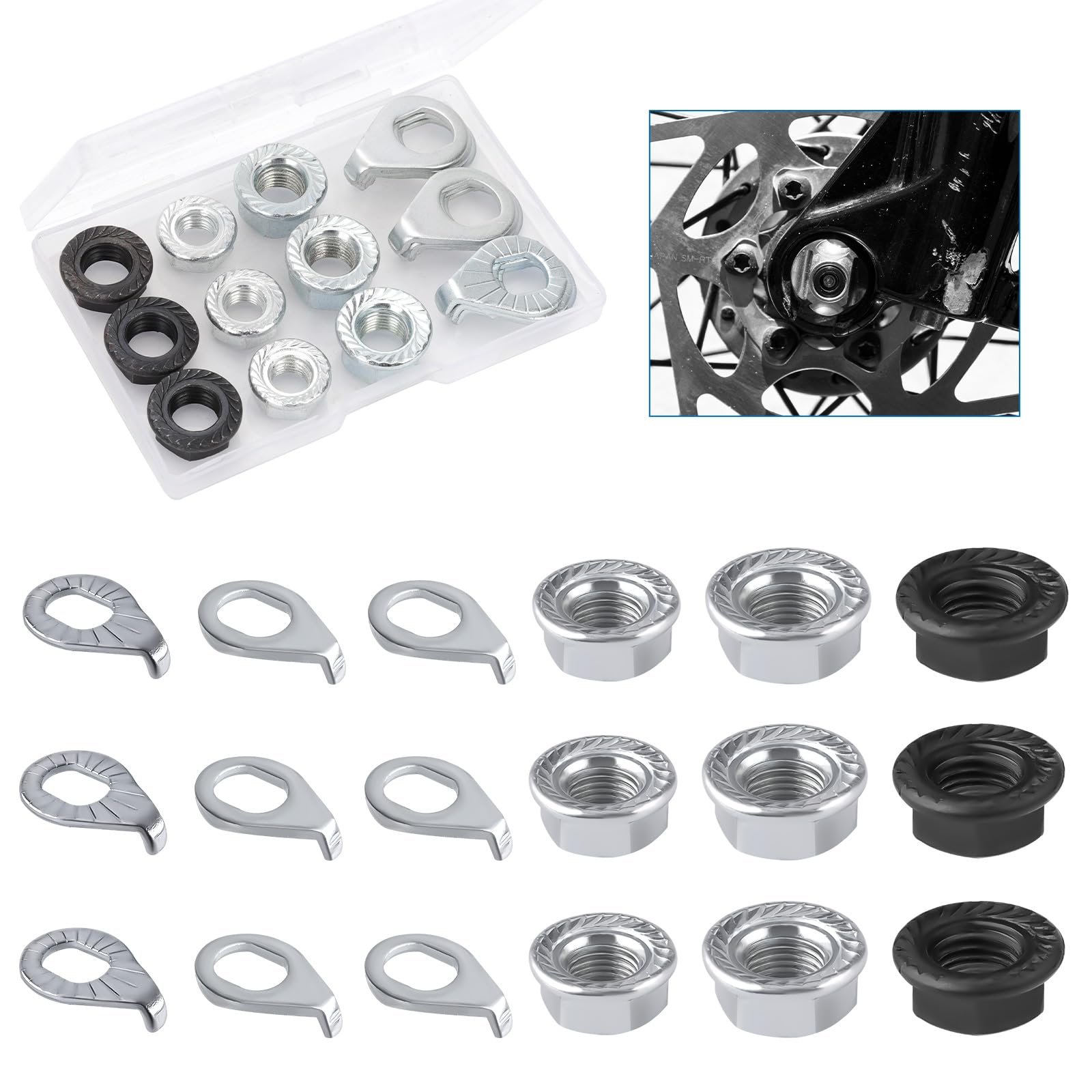 NQEUEPN 18pcs Bike Wheel Axle Nut and Bicycle Hub Safety Washer Kit, M8 M9.5 M10 Bicycle Hub Flanged Axel Nut Bike Parts for Mountain Bike Front & Rear Wheel Axle