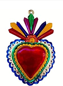 Tin Heart Milagro Ornament, Colorful Mexican Folk Art, Hand-Made, Ex-Voto (Blue Edge)