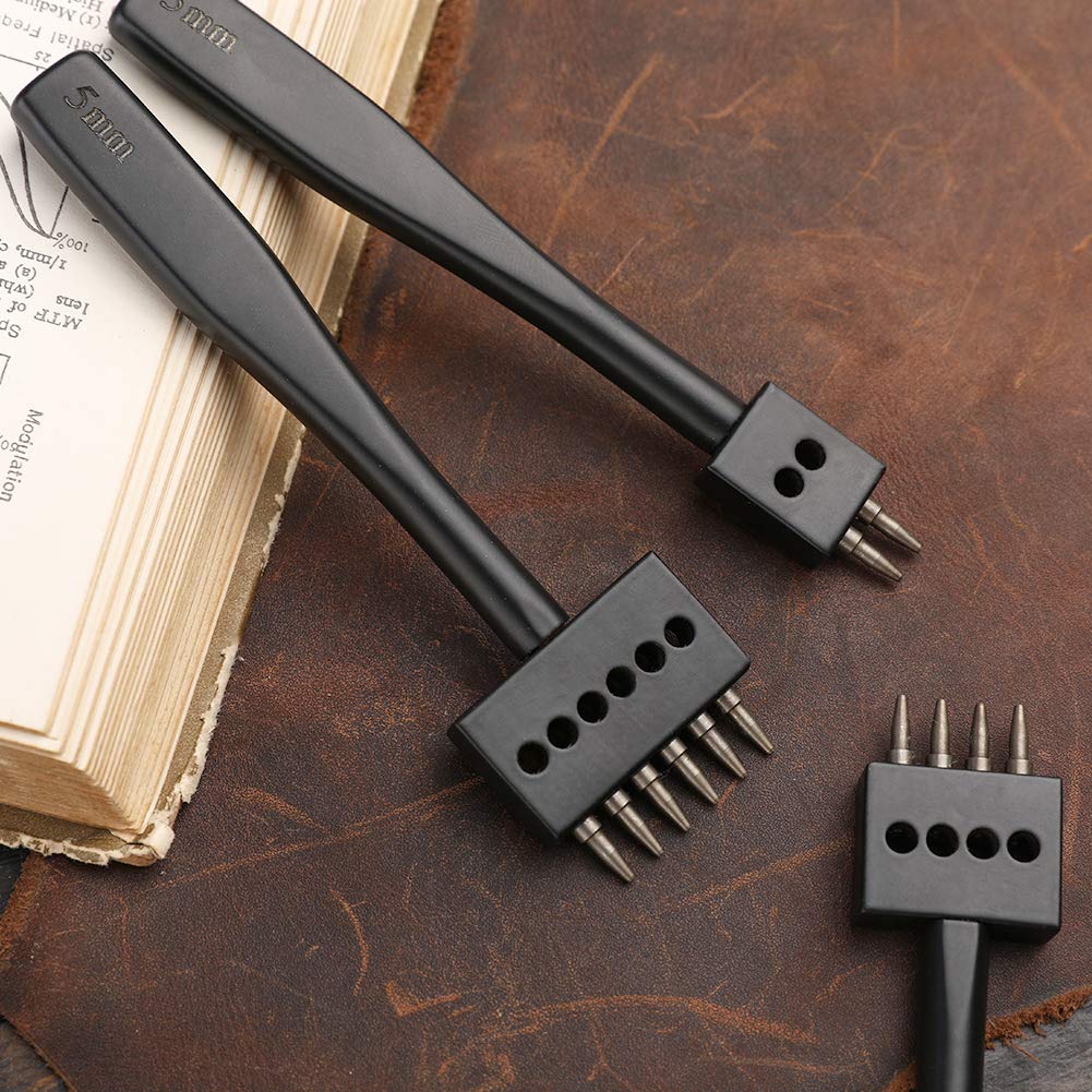 DIUDUS Leather Hole Punch, Prong Punch, Black Hole Punch Tool 5mm, 2/4/6 Lacing Stitching Punch, Round Hole Prong Stitching Chisel Set Leather Working Tools for Leathercraft