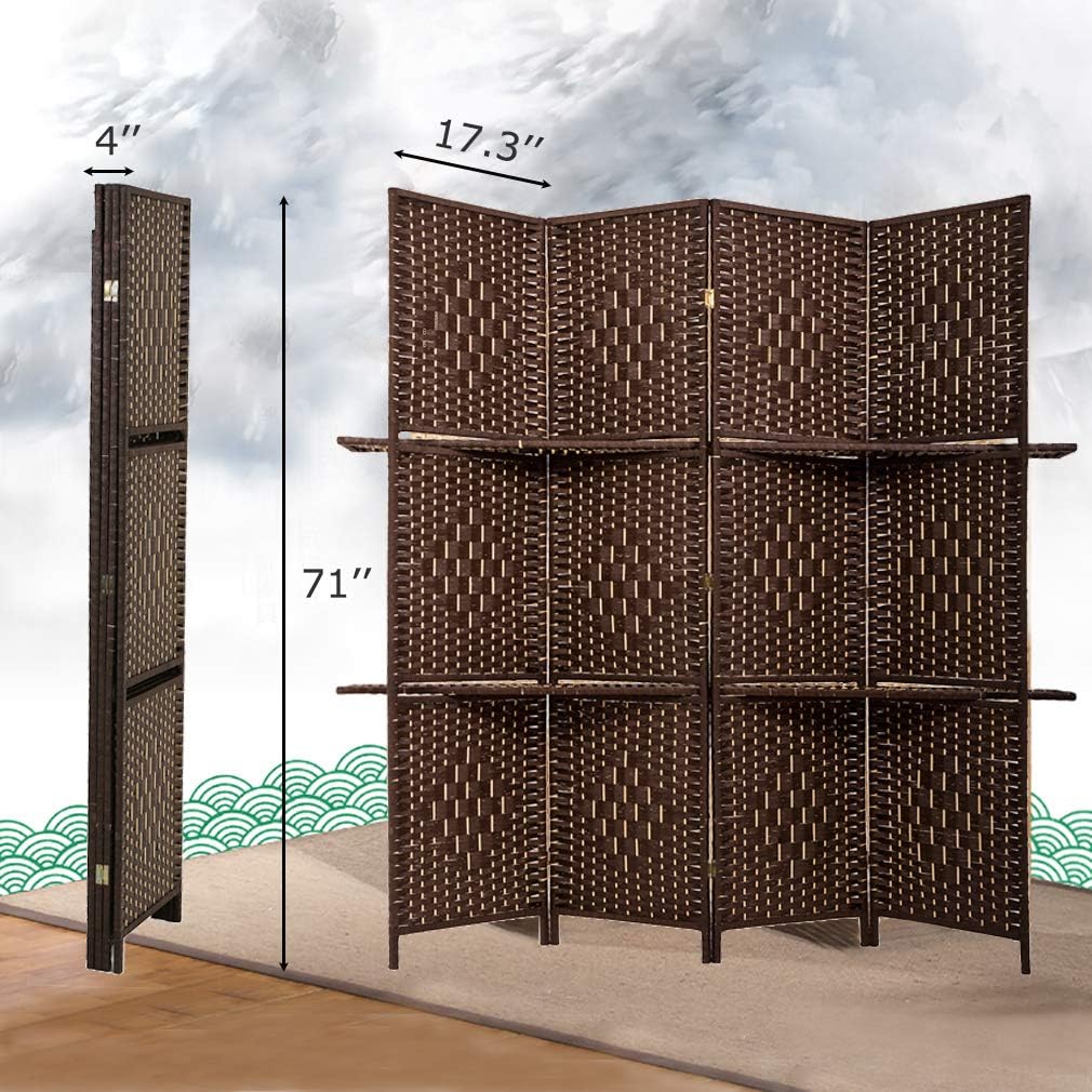 FDW Room Divider 4 Panel Room Screen Divider Wooden Screen Folding Portable partition Screen Screen Wood with Removable Storage Shelves Color Brown: Furniture & Decor