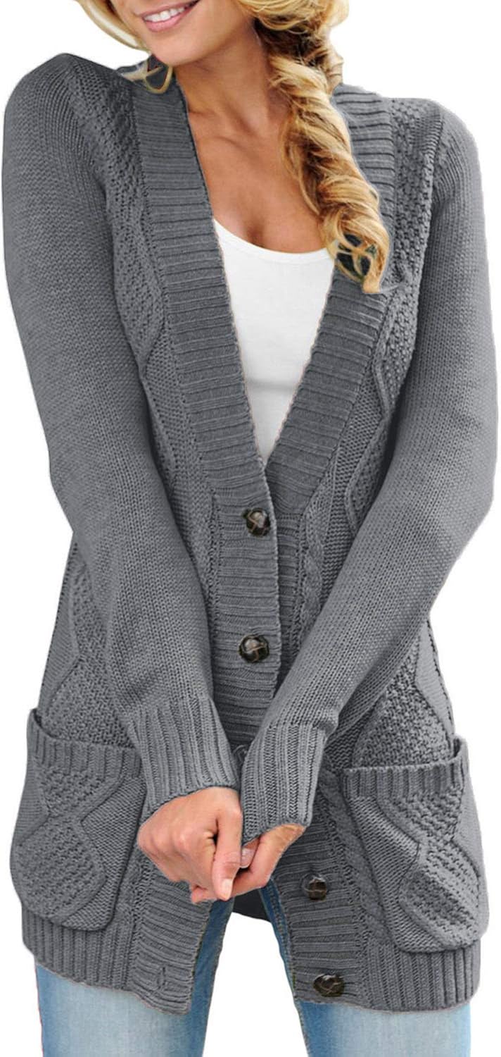 luvamia Womens Long Sleeve Open Front Buttons Cable Knit Pocket Sweater Cardigan at  Women’s Clothing store