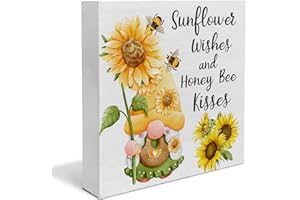 YIDOU Country Sunflower Gnome Wood Box Sign Decor Desk Sign Wishes and Honey Be Kisses Sunflower Quote Wooden Box Block Summer Sign Rustic Home Shelf Wall Decoration