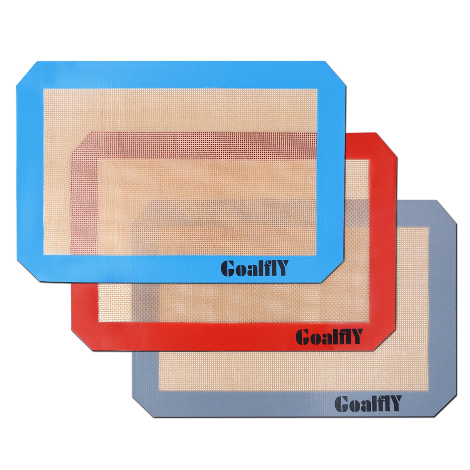 Goalfly Silicone Baking Mat Sheet (30 x 21.6 cm), 3 Pieces Non-Stick Baking Mat Set (Red, Blue, Grey), Heat-Resistant, Reusable Silicone Mat for Microwave Oven, Baking Tray, Baking Pan
