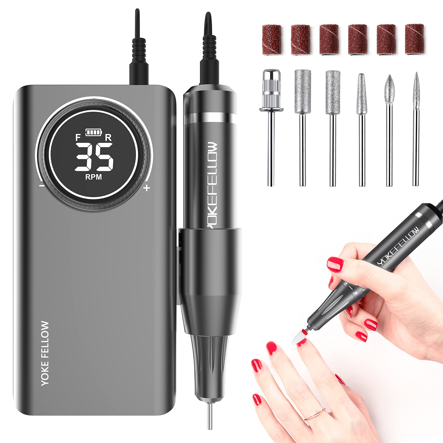 Yokefellow Professional Rechargeable 35000 RPM Nail Drill, Electric Nail Drills Machine for Acrylic Nail Natural Extension Poly Nail Gel, with 6 bits Portable Manicure Pedicure Drill Machine, Grey