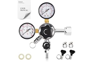 HGKEKE CO2 Keg Regulator Draft Beer CO2 Regulator CGA-320 Regulator Dual Stage CO2 Pressure Regulator 5/16’’ Barb Dual Gauge Dual Knob Quadruple Hose Clamp Kegerator Regulator for CO2 Tank