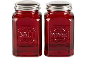 RSVP International Jumbo Retro Glass Salt & Pepper, Screw On Stainless Steel Lid, Each Shaker Holds 8 Ounces, 2.25x2.25x4.7, Red