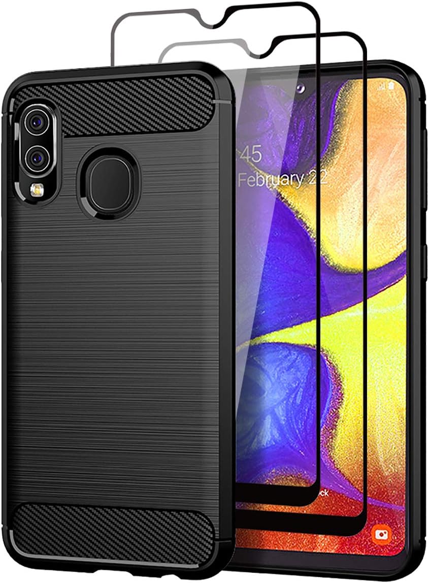 Teayoha Case for Samsung Galaxy A20e, with Tempered Glass Screen Protector [2 Pack], Carbon Fiber Scratch Resistant, Shock Absorption Soft TPU Drawing Protective Cases Cover - Black