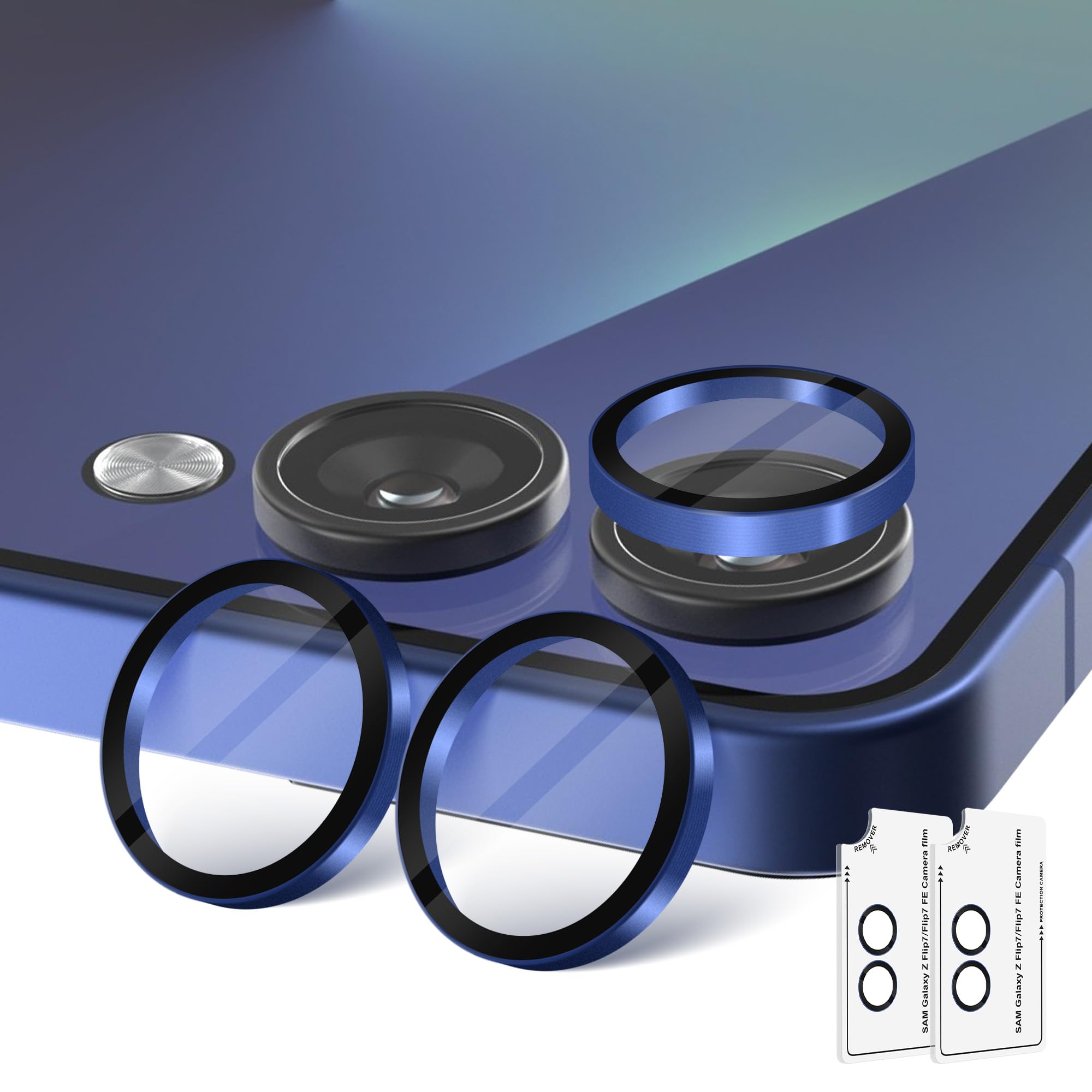 Orzero (2 Sets) Camera Lens Protector Compatible for Samsung Galaxy Z Flip 7/Z Flip 7 FE, Protector de Cámera One-Step Installation Tray Individual Alloy Metal Ring Glass Case Friendly - Blue