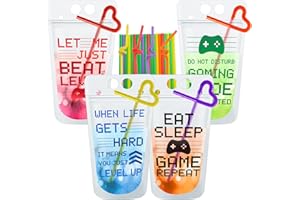 Suclain Video Game Party Favors Drink Pouch Cups with Straws Plastic Drink Pouches Clear Zipper Bags Reusable Drink Pouches for Birthday Decor Gamer Party Favors Gift(Red/Blue/Green/Orange,48 Pcs)