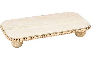 CREATIVE CO-OP Mango Wood Pedestal with Wood Beads; Modern Footed Serving Tray/Decorative Wood Pedestal for Dessert Table, Natural Colored