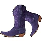 LEHOOR Purple Cowboy Boots Women Embroidered Knee High Western Boots Low Chunky Stacked Heel Pointed Toe Pull On Mid Calf Cowgirl Boot V Cut Suede Vintage Fall Winter Boot 7.5