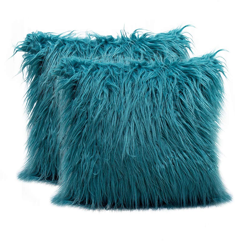 3C Collection 2 Pack Fluffy Cushion Covers Peacock Blue 45cm x 45cm