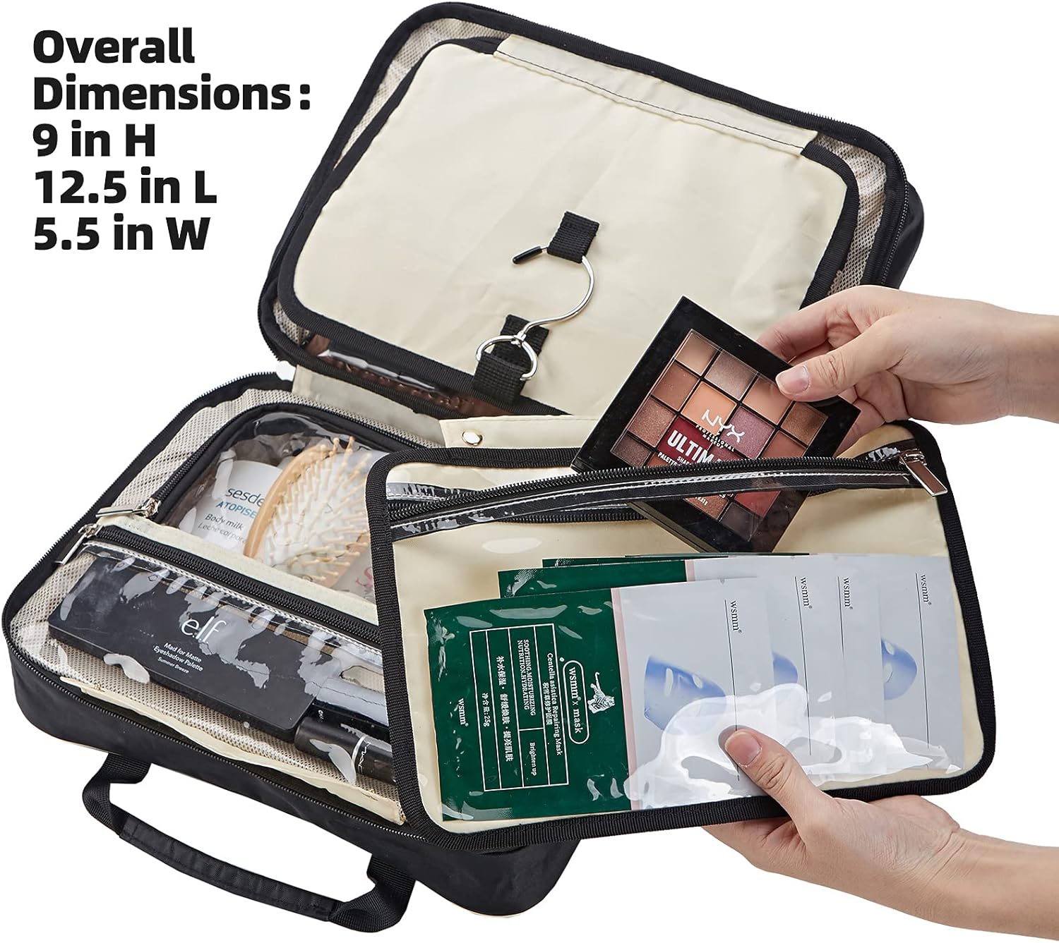 FINDCOZY Extra Large Toiletry Bag with Hanging Hook, Travel Makeup Case for Women, Cosmetic Organizer for Toiletries, Full-Sized Bottles, Beauty, Black