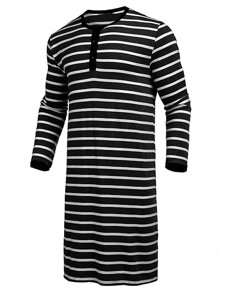 Nachthemd Herren Langarm Einteiliger Gestreift Schlafanzug Pyjama Streifen Schlafanzugoberteil Knopfleiste Herrennachthemd Sl