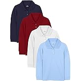 Cooraby 4 Pieces Girls' Long Sleeve Polo Shirt School Uniform Interlock Polo Shirt with Picot Collar, Button Closure