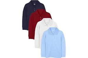 Cooraby 4 Pieces Girls' Long Sleeve Polo Shirt School Uniform Interlock Polo Shirt with Picot Collar, Button Closure