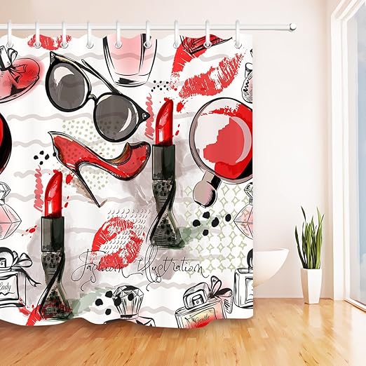 Amazon Com Lb Girls Make Up Lipsticks Girly Shower Curtain Feminine Sunglasses Perfume High Heels Shower Curtain Hooks For Bathroom Decor 70x70 Inch Waterproof Fabric Shower Curtain Set Furniture Decor