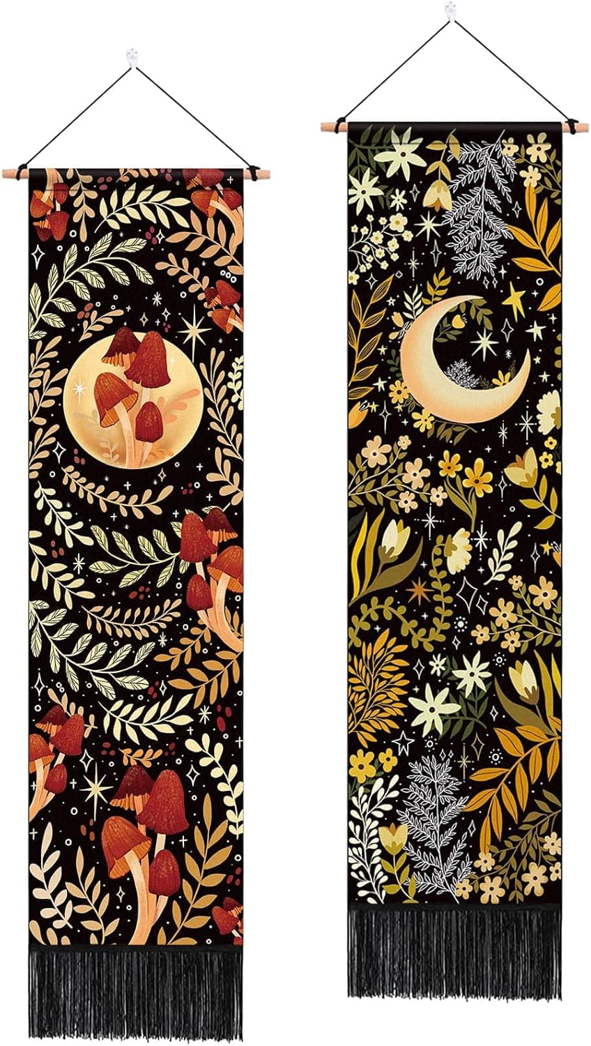 Tapestries - Pack of 2 Moon and Floral Tapestry Yellow and Green Plant Tapestry Botanical Tassel Tapestry Mystical Butterfly and Flower Tapestry Vertical Bohemian Tapestry Wall Hanging for Room(12.8 x 51.2 inches)