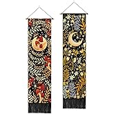 Pack of 2 Moon and Floral Tapestry Yellow and Green Plant Black Background Mystical Butterfly and Flower Vertical Bohemian Wall Hanging for Room(12.8 x 51.2 inches)