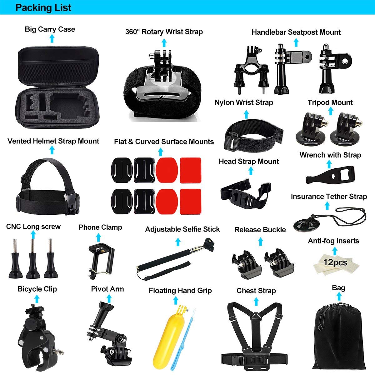 Iextreme 43-in-1 Action Camera Accessories Bundle Kit for Gopro Hero 6 5 4 Black Session Accessory Bundle Kit for Gopro Action Camera with Chest Strap Mounts