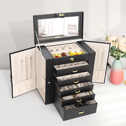 Kendal Extra Large Jewelry Box Jewelry Case PU Leather Tier Drawers  Large Storage Capacity with Mirror Jew