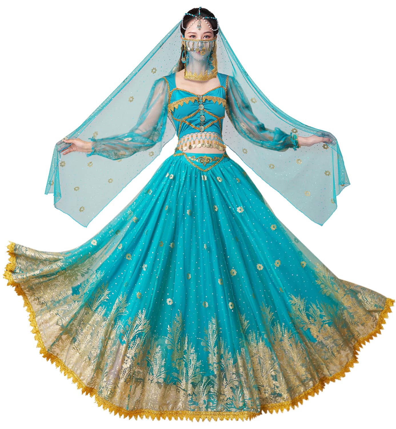 Photo 1 of (LARGE) (ELLYDOOR Princess Jasmine Costumes for Women Adult Aladdin Dress UP Halloween Cosplay Belly Dance Outfit (40jasmine blue, Large)