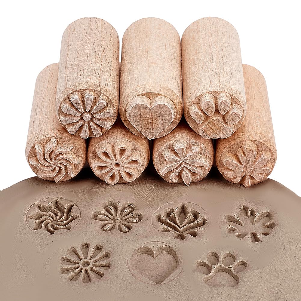 OLYCRAFT 7Pcs Wood Stamp Wood Pottery Tools Stamps Column Wooden Stamps Clay stamps Wood Stamps with Mixed Patterns Wooden Handle Pottery Tools Set for Clay Ceramic Birthday Presents-50 x 20mm