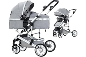 Blahoo Baby Stroller for Newborn, 2 in1 High Landscape Stroller, Foldable Aluminum Alloy Pushchair with Adjustable Backrest. Bassinet Stroller(Light Gray)