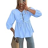 Yesfashion Womens Puff Sleeve Peplum Blouses Tie Front Elegant Tunic Tops Elastic Waist Business Casual Pleated Shirts