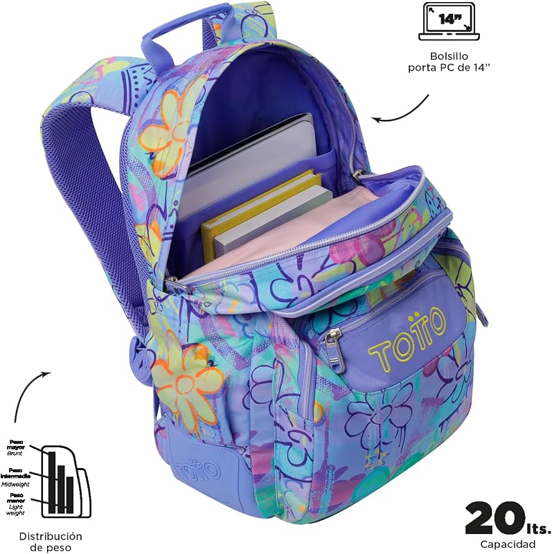 - Mochila escolar grande, modelo Rayol, capacidade de 19 L, 3 compartimentos, 2 bolsos para garrafas, bolso para PC de 14", encosto ergonómico para fluxo de ar, alças em S, Grafily Print